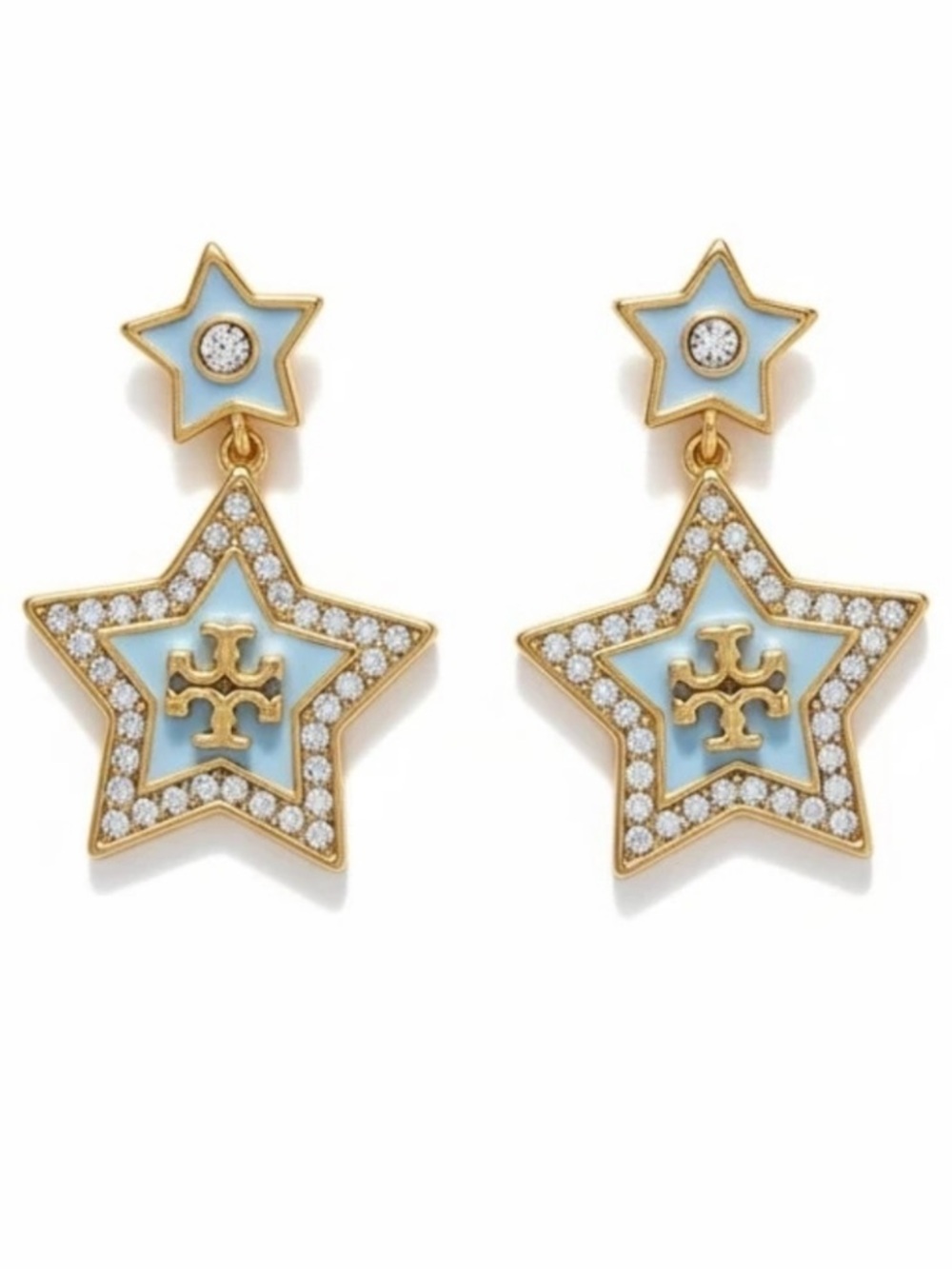 TORY BURCH GOLD + BLUE LOGO PAVÉ FALLING STAR DROP EARRINGS